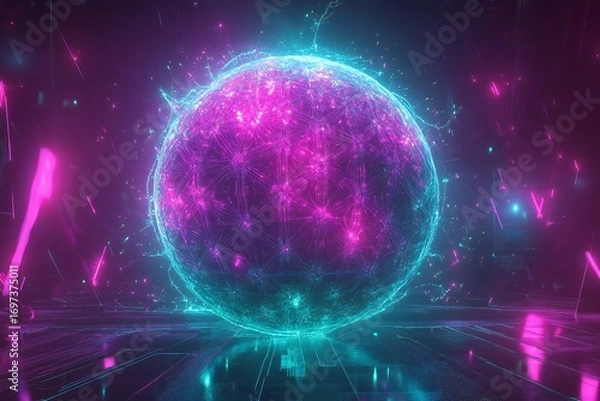 Fototapeta A colossal glowing sphere adorned with detailed fractal patterns, emitting vibrant purple and teal neon illumination, created by ai