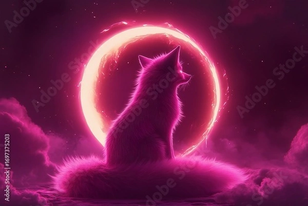 Fototapeta A glowing pink fox with a radiant tail sits in silence under an electric moon, immersed in a vivid neon atmosphere,  created by ai