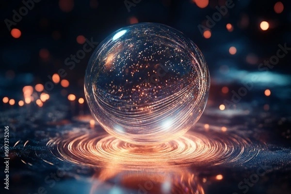 Fototapeta A transparent glass orb levitating with a gentle neon glow, encircled by swirling luminous particles,  created by ai