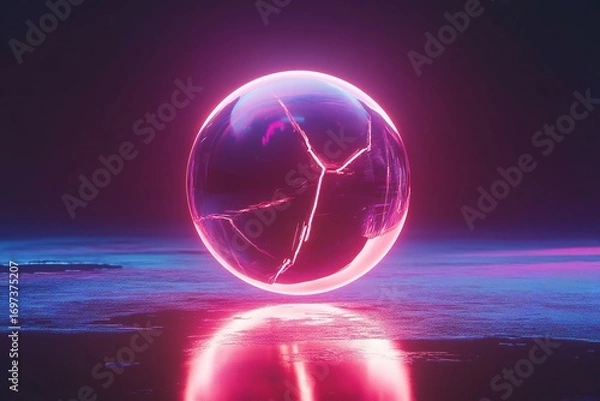 Fototapeta A levitating neon crystal orb with glowing cracks, floating above a reflective neon surface,  created by ai