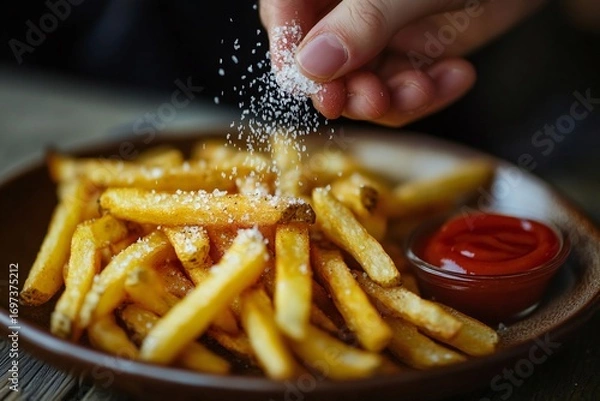 Fototapeta A hand adding flaky sea salt to a plate of perfectly golden French fries with a crisp exterior,  created by ai