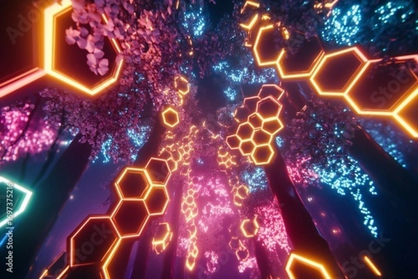 Fototapeta A radiant network of interconnected neon hexagons forming a honeycomb structure suspended in a digital void,  created by ai