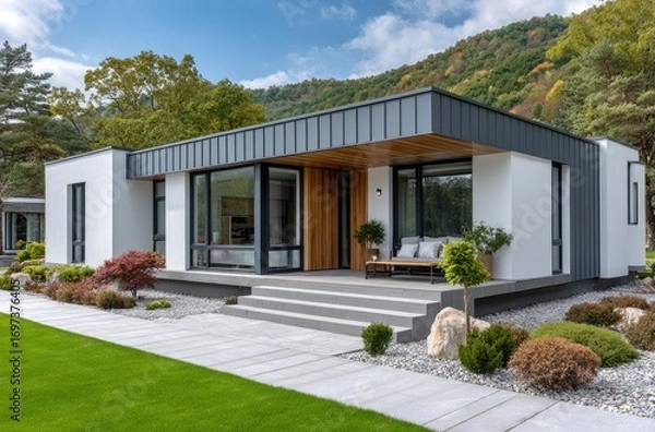Fototapeta a modern house with white walls and dark gray metal sheet cladding