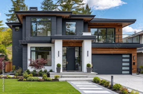 Fototapeta a modern house with white walls and dark gray metal sheet cladding