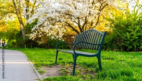 Fototapeta Park bench under blossoming trees