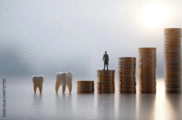 Fototapeta Tooth, money stack steps, miniature person on top, symbolizing dental health costs & investment, against bright backdrop