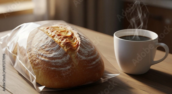 Obraz Bread in Plastic Bag beside Hot Coffee