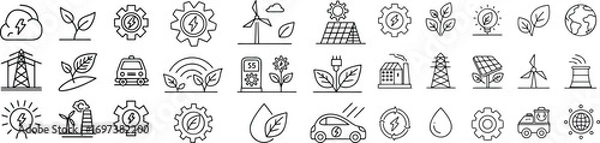 Fototapeta Collection of Outline Icons Representing Sustainable Energy and Green Technology Solutions for a Cleaner Future