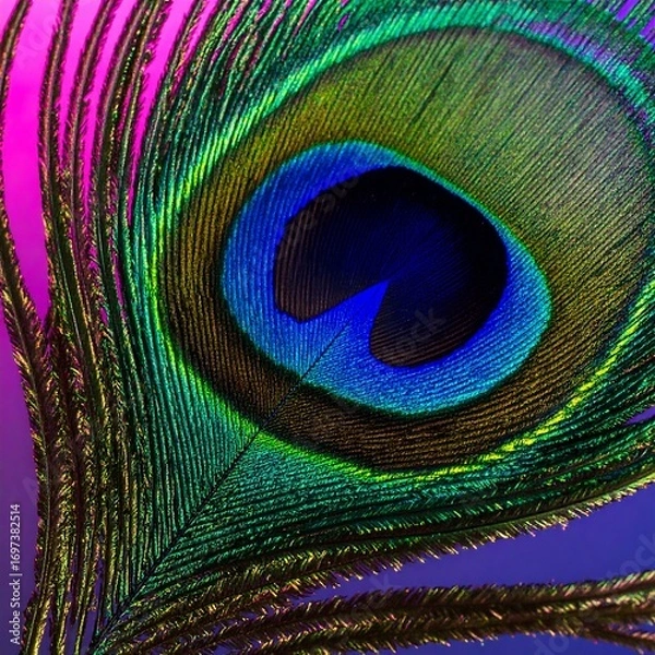 Fototapeta Close-up peacock feather, vibrant colors, eye-like pattern