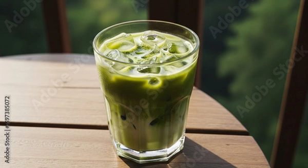 Obraz Iced Matcha on Table at Treehouse Balcony