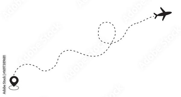 Fototapeta Airplane is in a dotted line. Airplane line path, vector icon of air plane flight route on white background. Vector illustration.