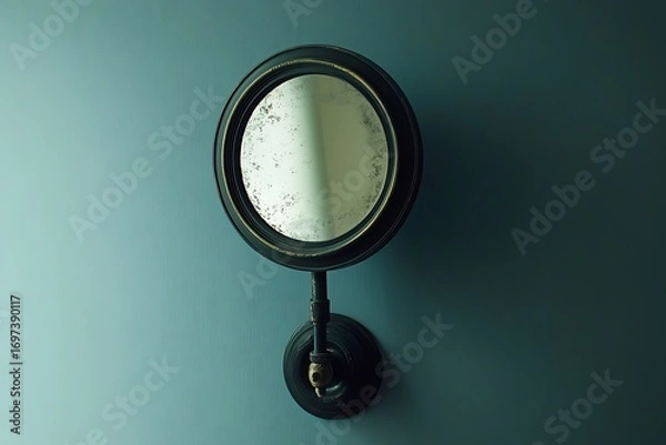 Obraz A vintage-style, round wall-mounted mirror with a dark frame and a slightly aged, speckled reflection