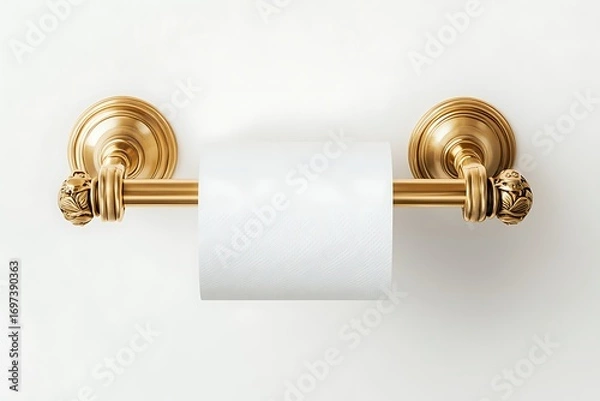 Obraz Gold toilet paper holder with ornate detailing, holding a roll of white toilet paper against a white background