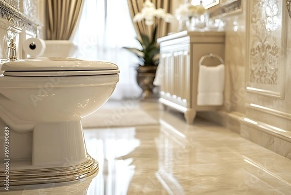 Obraz Elegant, close-up view of a white toilet in a luxurious, marble bathroom with gold accents