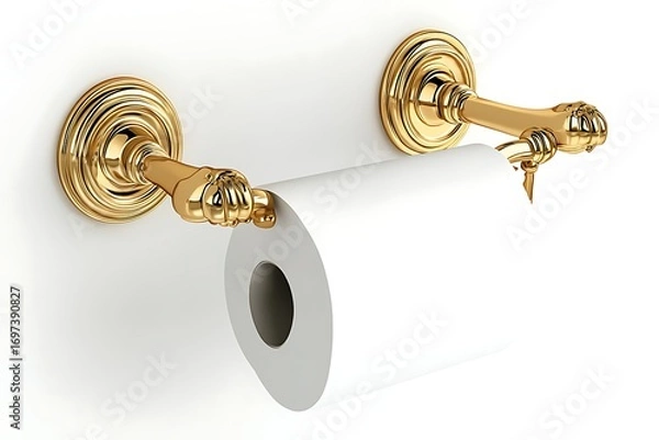 Obraz Elegant gold wall-mounted toilet paper holder with a roll of white toilet paper