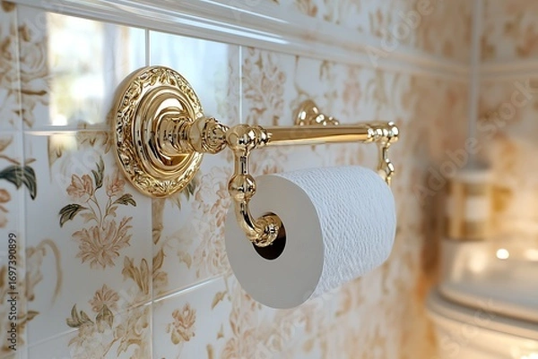 Obraz Elegant gold toilet paper holder mounted on floral tiled wall