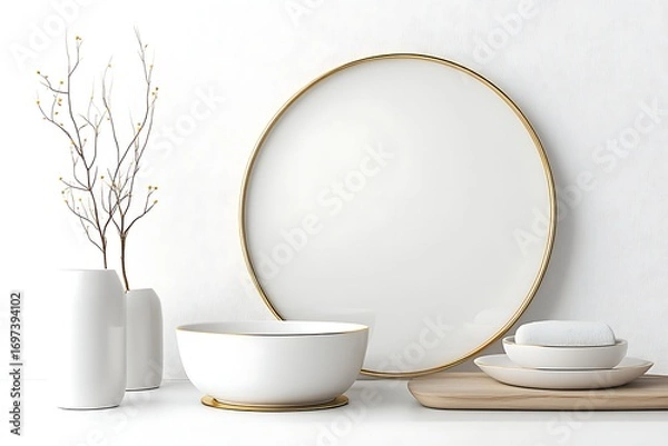 Obraz Elegant minimalist display white ceramics, wood, and branch arrangement