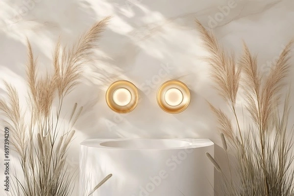 Obraz Elegant bathroom design featuring gold sconces, pampas grass, and a minimalist sink