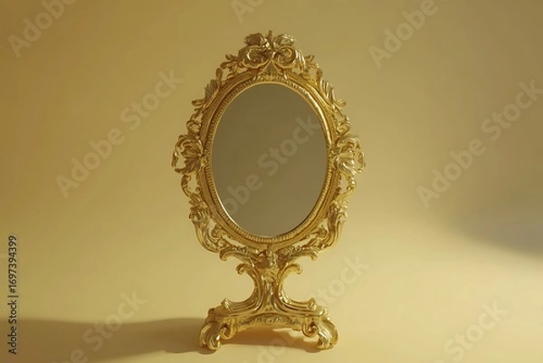 Obraz Ornate golden framed vanity mirror on yellow backdrop, casting a shadow