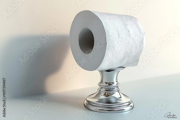 Obraz White toilet paper roll on shiny silver holder, casting a shadow. Clean bathroom setting