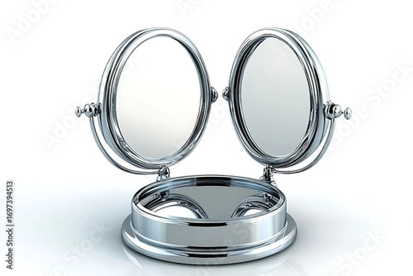Obraz Open, silver vanity mirror reflects light. Two round panes reveal a pristine surface. Stand on a white background