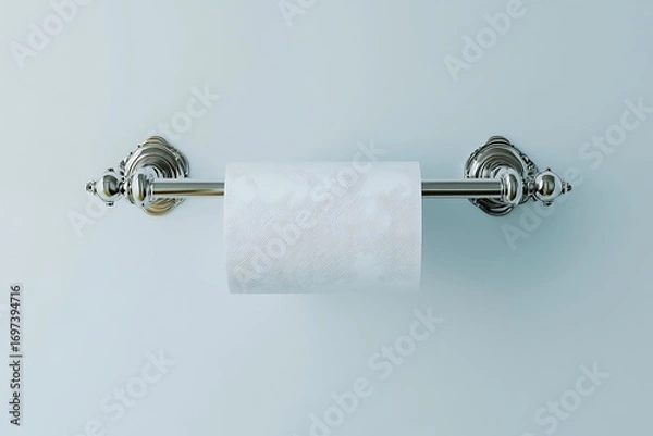 Obraz Close-up of white toilet paper roll on a chrome holder, mounted on a light blue wall