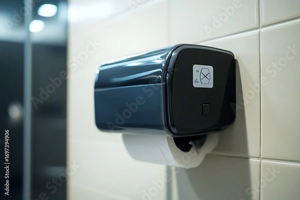 Obraz Sleek, black wall-mounted toilet paper dispenser with a modern design