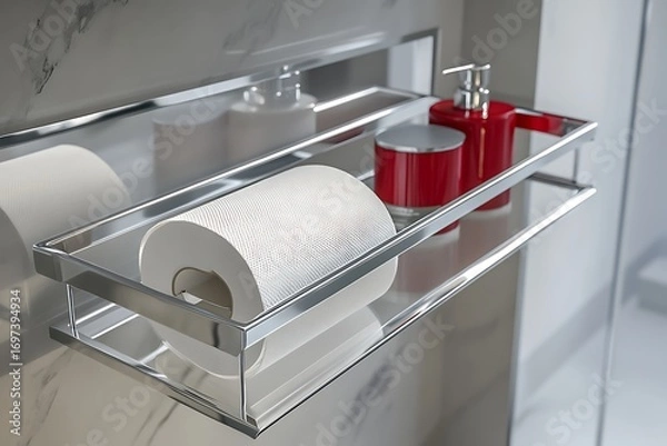 Obraz Chrome shelf with rolls, red dispenser, and supplies in a bathroom