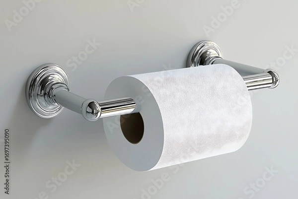 Obraz Chrome toilet paper holder with a roll of toilet paper mounted on a light grey wall