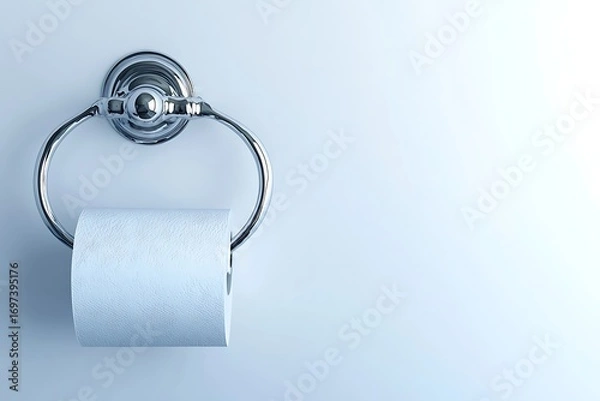 Obraz A roll of toilet paper hangs on a polished chrome holder against a light blue wall