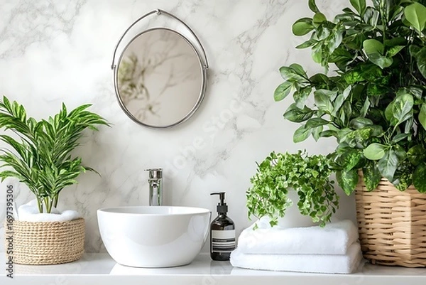 Obraz Lush greenery complements a minimalist bathroom sink and vanity, creating a serene spa-like atmosphere