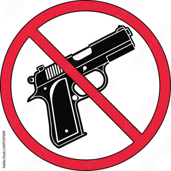 Fototapeta Prohibited gun sign depicting firearm with red circle and line indicating weapon ban and restriction enforcement for safety measures and peace
