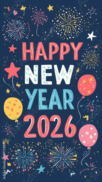 Fototapeta A colorful illustration featuring a hand-drawn "HAPPY NEW YEAR 2026" greeting with playful fireworks, stars, and festive balloons, perfect for cards and social media.