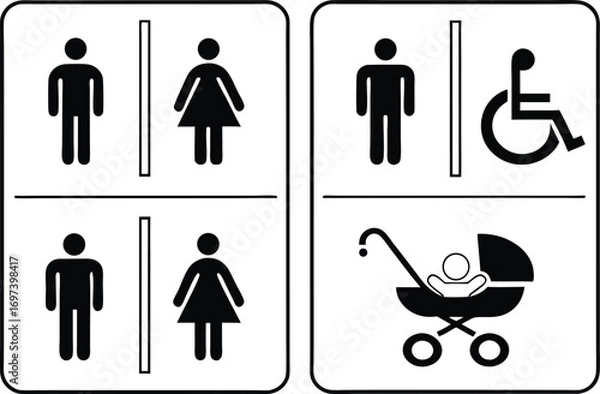 Fototapeta Restroom Signage Featuring Male Female Accessible and Baby Changing Symbols Public Convenience and Facilities Representation