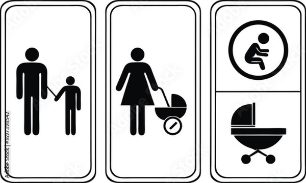 Fototapeta Restroom Signage Representing Family with Child Mother with Stroller and Baby Changing Facility Pictograms Information and Guidance