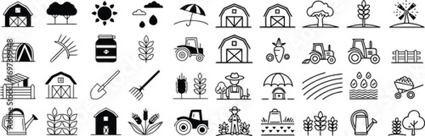 Fototapeta Set of farming agriculture elements in a clean and simple black outline design ideal for graphic design and visual communication projects