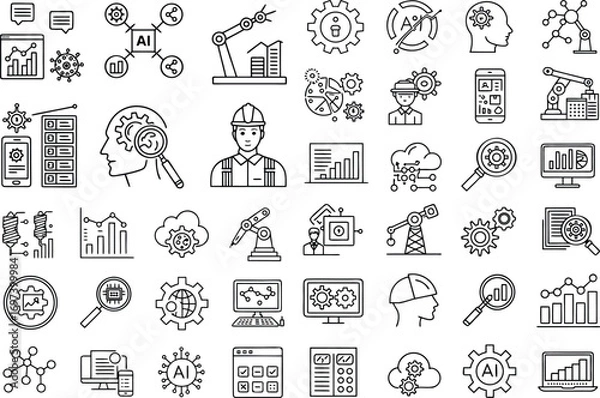 Fototapeta Set of Machine Learning and Artificial Intelligence Icons Depicting Automation and Technological Progress for Modern Industry