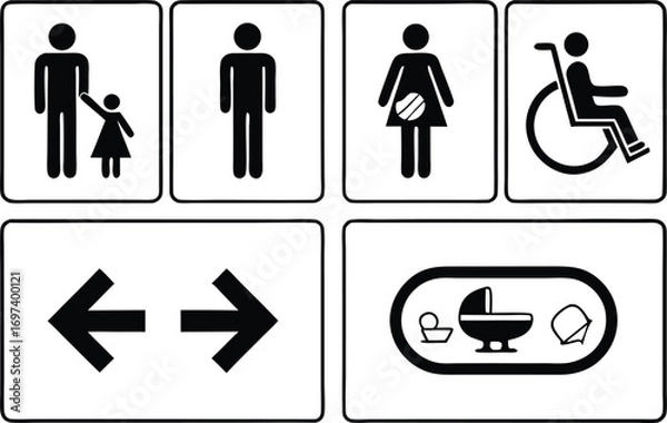 Fototapeta Set of Universal Pictograms Symbolizing Accessibility Facilities and Restroom Amenities Represented in Black and White Graphics for Public Spaces