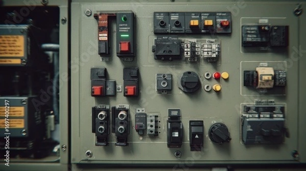 Obraz Control panel with various switches, buttons, and indicators in a technical environment featuring electrical components
