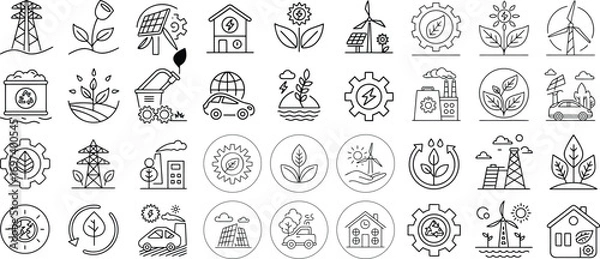 Fototapeta Sustainable Energy Icons Set Representing Green Technology and Environmental Conservation for a Better Future