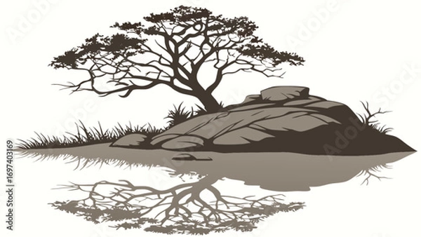 Fototapeta Illustration of a tree on a rock with reflection in water landscape scenery nature vector graphic design