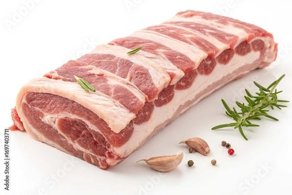 Fototapeta Twisted strip of pork raw meat on ribs with layers of fat on white background