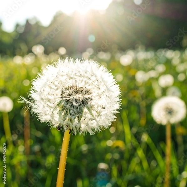 Fototapeta Close-up of dandelion seed head, sunlit field