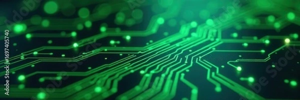 Fototapeta Green circuit board with intricate pathways against a blue gradient backdrop , surface, PCB