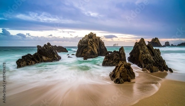 Fototapeta Dramatic coastal scene.  Dark rocks emerge from a sandy beach, lapped by turquoise waves.  Soft clouds cloak a pastel sky