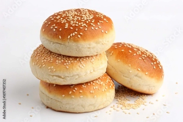 Fototapeta Stack of baked whole round bun with sesame seeds made from white wheat flour on white background