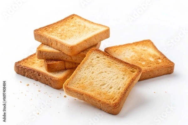 Fototapeta Square pieces of toasted bread made from white wheat flour on white background