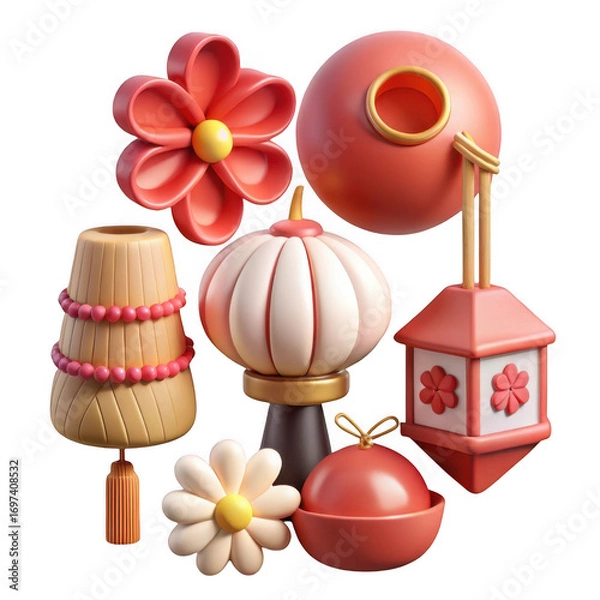 Fototapeta A delightful collection of 3d rendered festive decorations, including lanterns, flowers, and ornamental objects, arranged artistically on a transparent background