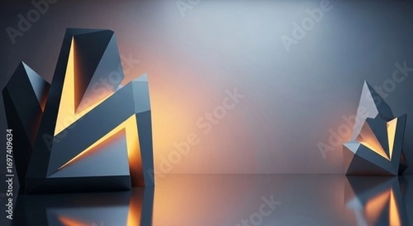 Fototapeta Abstract Modern Art With Illuminated Geometric Shapes and Reflective Surface