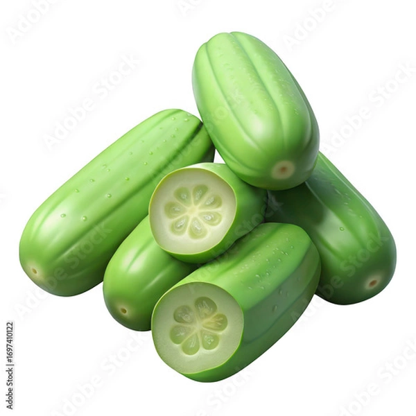 Fototapeta A pile of fresh green cucumbers, with two cut in half to reveal their seedy interior, isolated on a transparent background